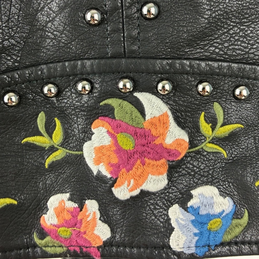 Boho Floral Embroidered Moto Jacket Black Faux Leather Studded Biker Size S - Picture 11 of 11